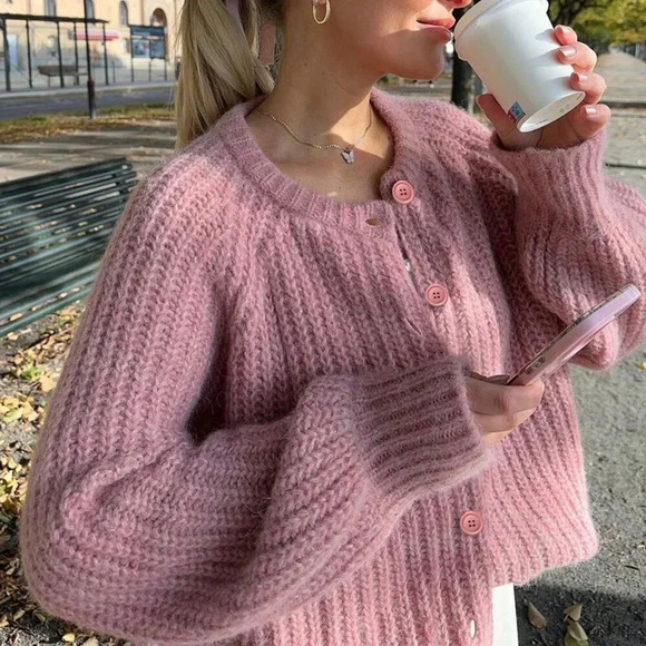Pink Casual Women's Open Button-Front Loose Long Sleeve Knitted Cardigan - Picture 1 of 9